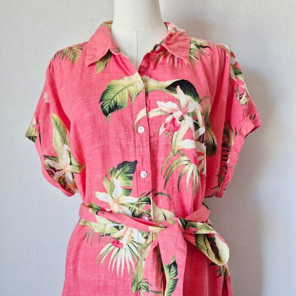 Tommy Bahama Linen Tropical Hawaii Belted Maxi Shirt-Dress Cap Sleeve Pink - Picture 2 of 11